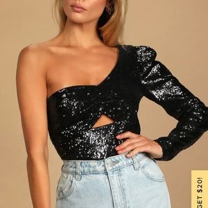 Lulu’s Black Sequin One-Shoulder Cutout Bodysuit